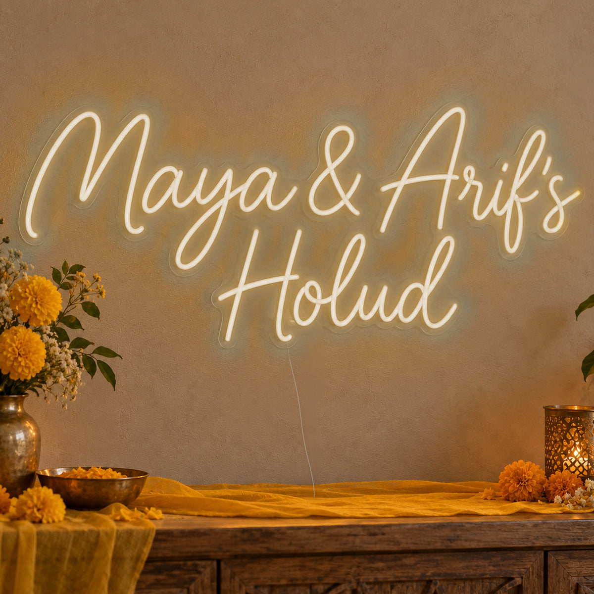 Personalised Holud Neon Sign in warm white LED neon on clear acrylic, angled view