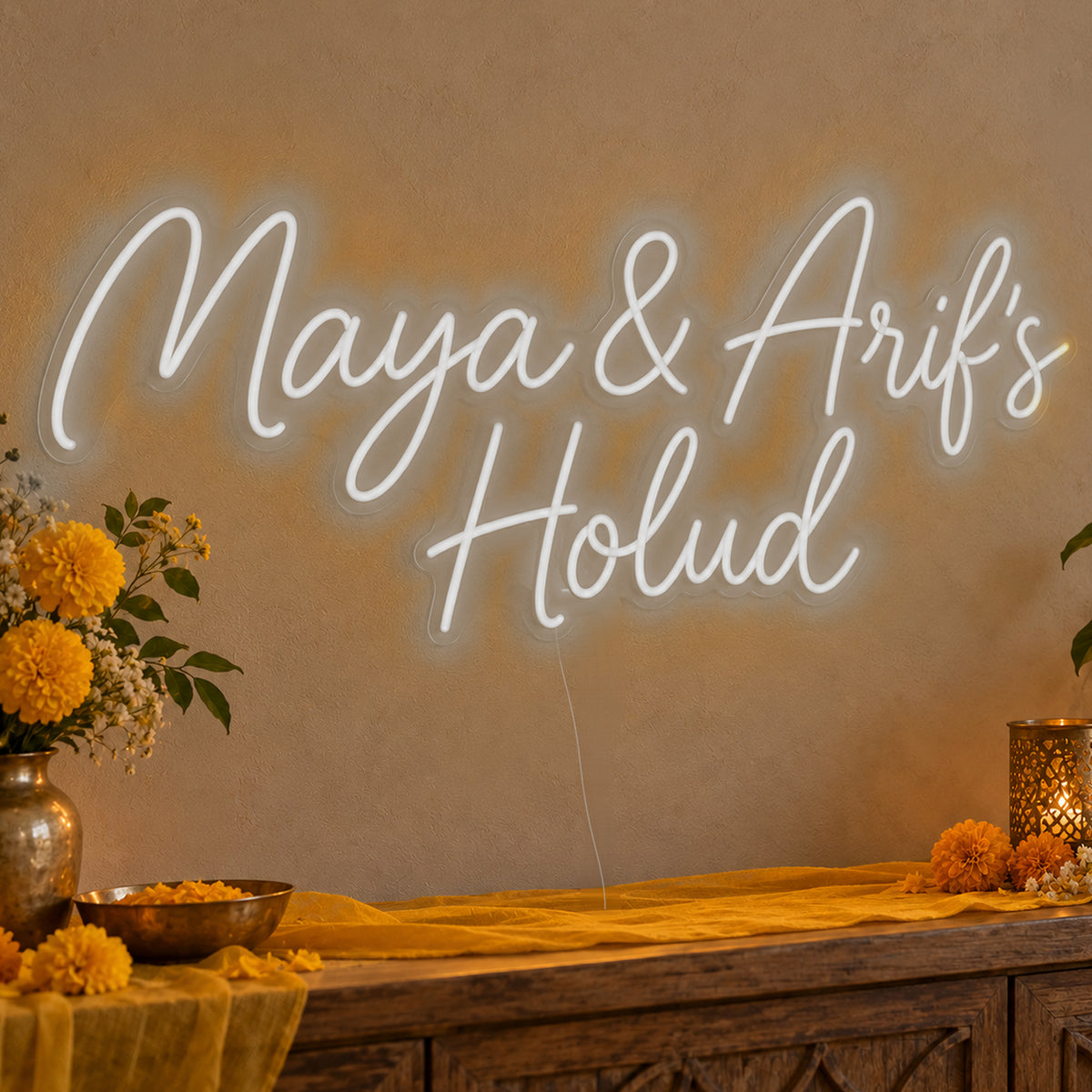 Personalised Holud Neon Sign in white LED neon on clear acrylic, angled view
