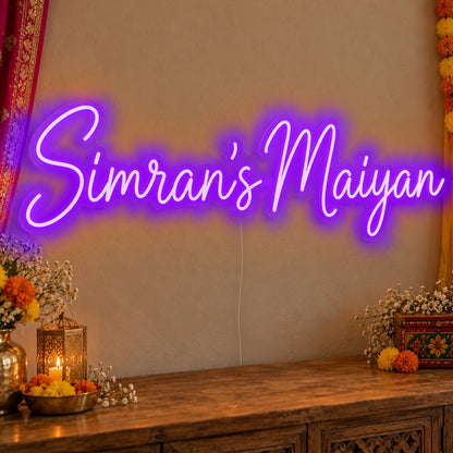 Personalised Maiyan Neon Sign in purple LED neon on clear acrylic, angled view