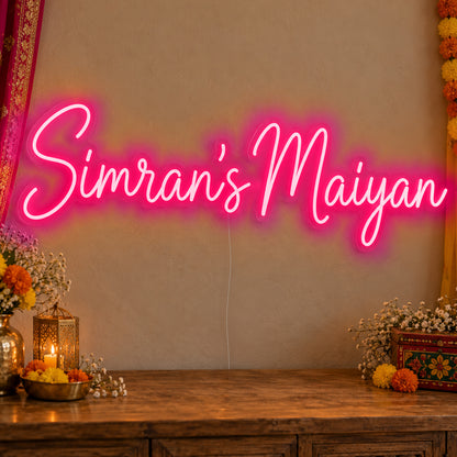 Personalised Maiyan Neon Sign in rose red LED neon on clear acrylic, angled view