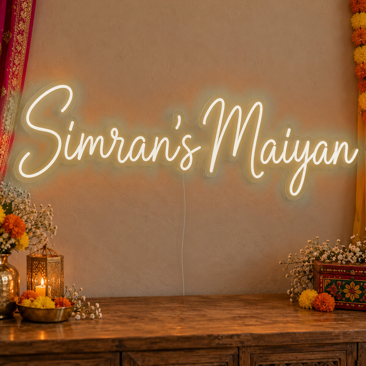 Personalised Maiyan Neon Sign in warm white LED neon on clear acrylic, angled view