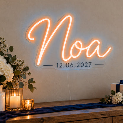 Personalised Mitzvah Name Date Neon Sign in orange LED neon on clear acrylic, angled view