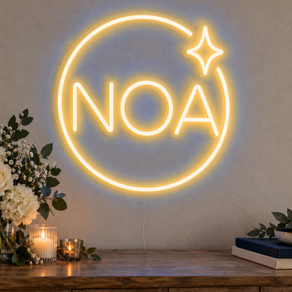 Personalised Mitzvah Party Logo Neon Sign in gold LED neon on clear acrylic, angled view