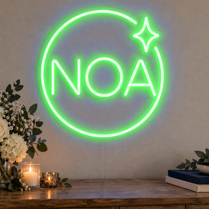 Personalised Mitzvah Party Logo Neon Sign in green LED neon on clear acrylic, angled view