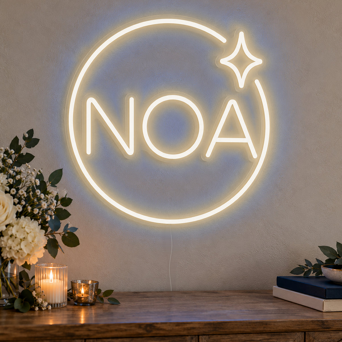 Personalised Mitzvah Party Logo Neon Sign in warm white LED neon on clear acrylic, angled view
