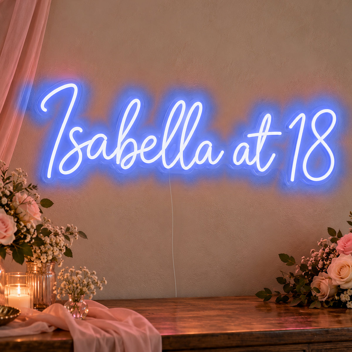 Personalised Name At 18 Neon Sign in blue LED neon on clear acrylic, angled view