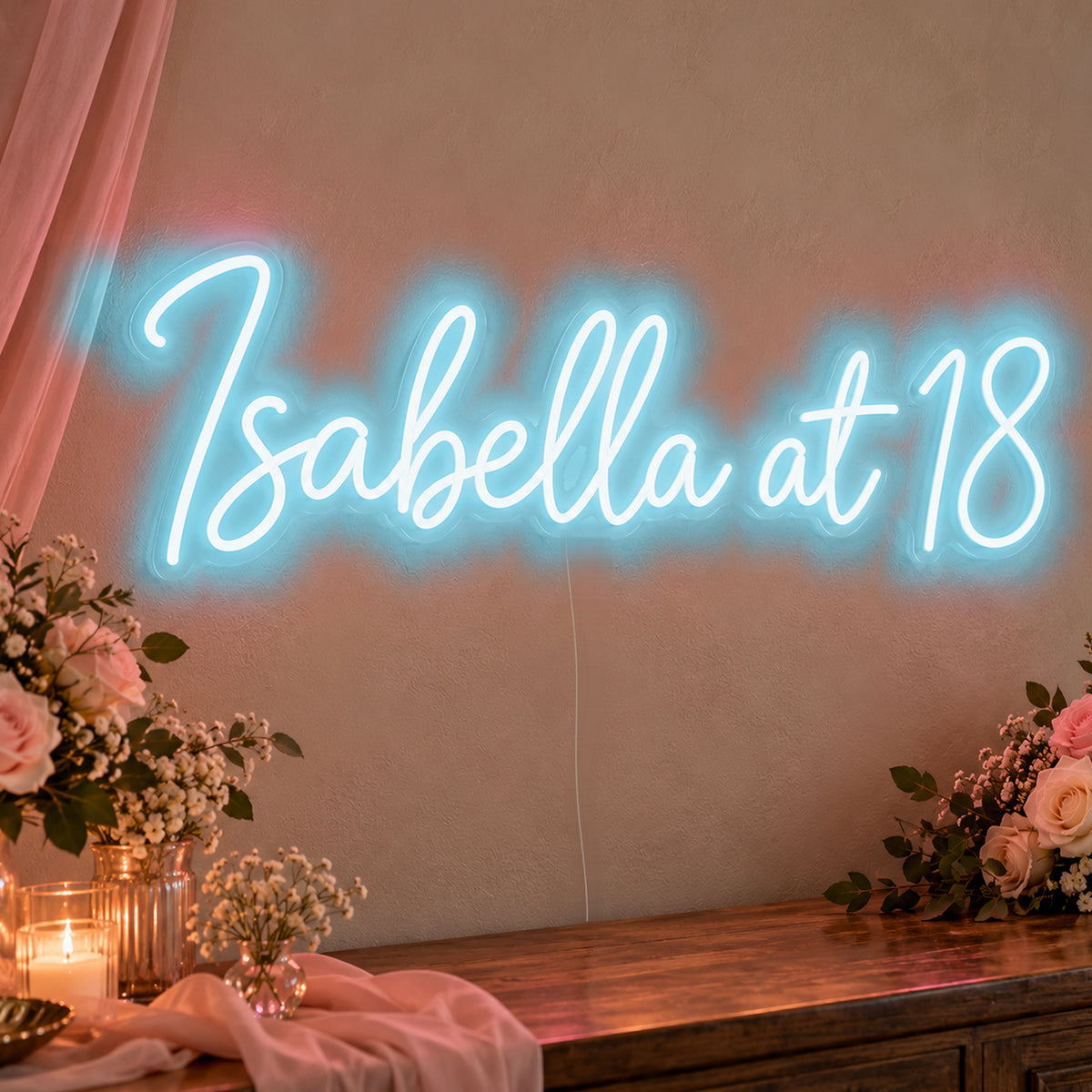 Personalised Name At 18 Neon Sign in ice blue LED neon on clear acrylic, angled view