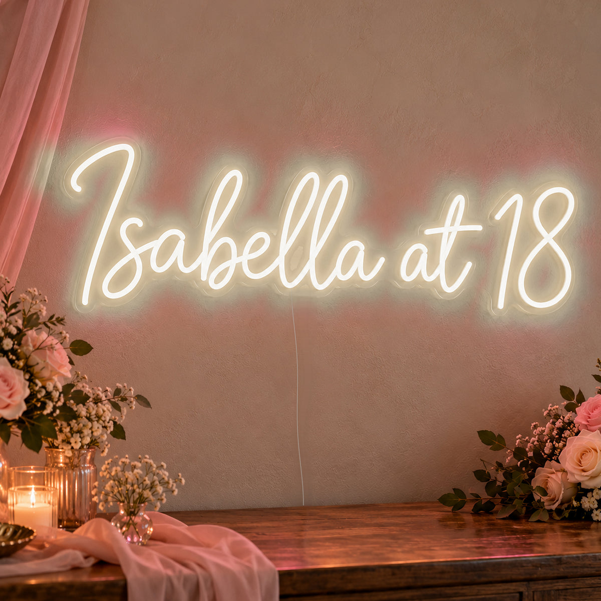 Personalised Name At 18 Neon Sign in warm white LED neon on clear acrylic, angled view