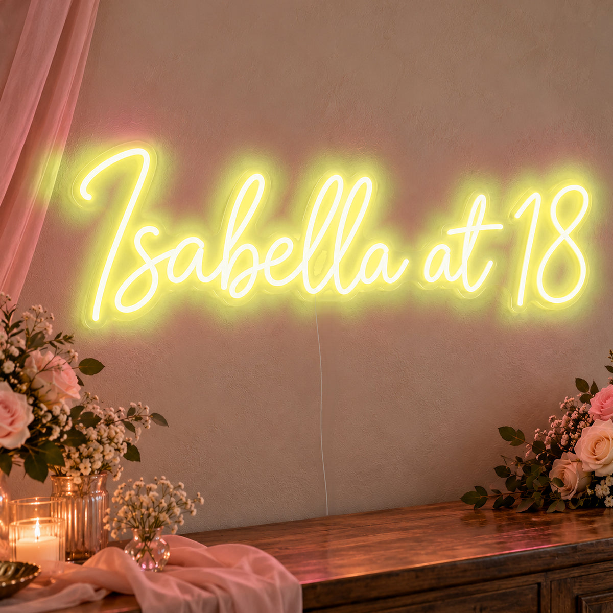Personalised Name At 18 Neon Sign in yellow LED neon on clear acrylic, angled view