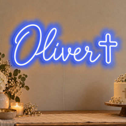 Personalised Name Cross Neon Sign in blue LED neon on clear acrylic, angled view