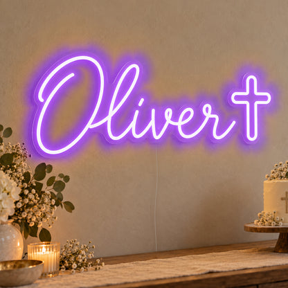 Personalised Name Cross Neon Sign in purple LED neon on clear acrylic, angled view