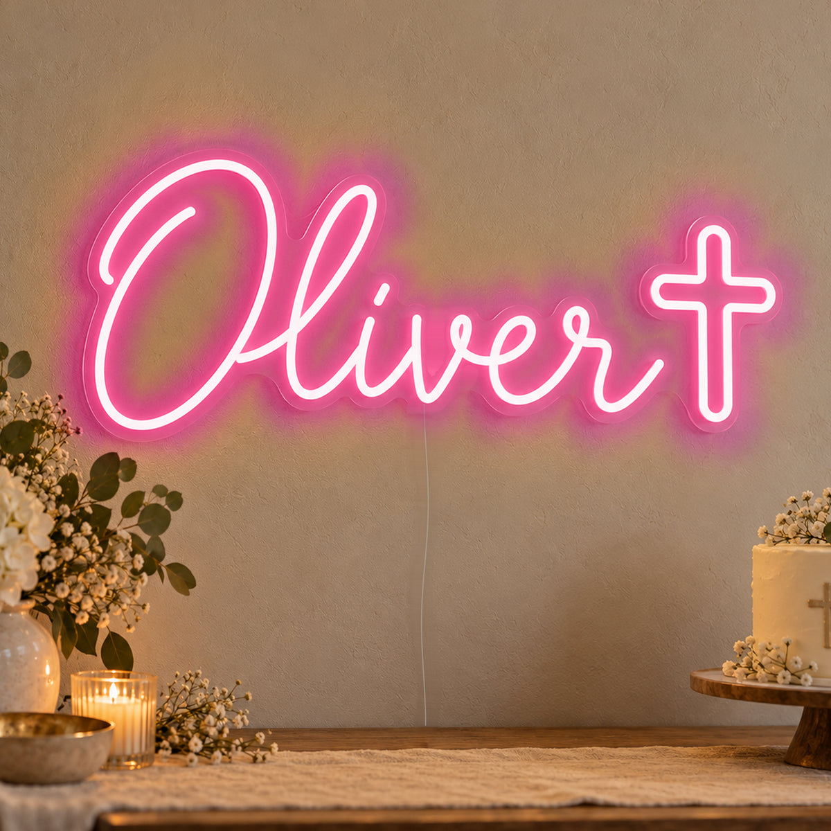 Personalised Name Cross Neon Sign in rose red LED neon on clear acrylic, angled view