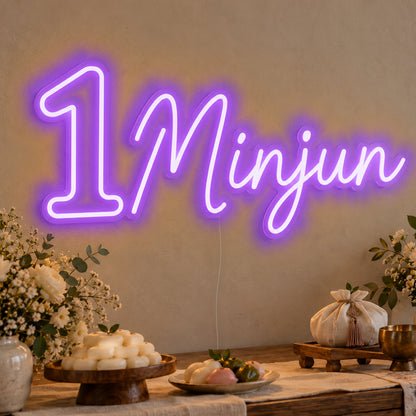 Personalised Name One Neon Sign in purple LED neon on clear acrylic, angled view