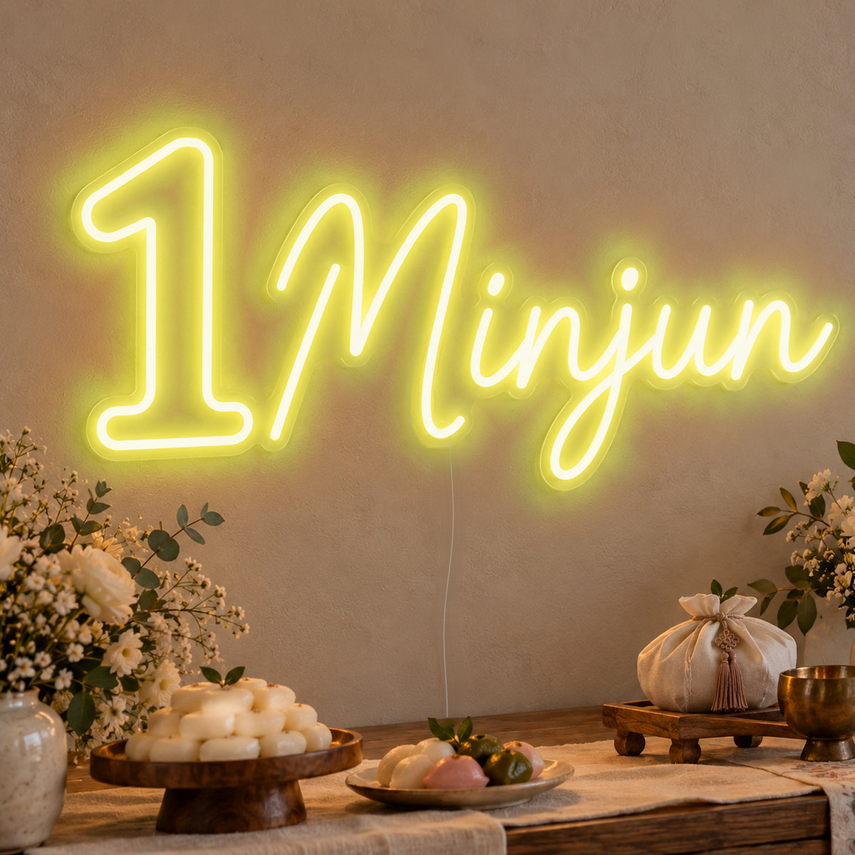 Personalised Name One Neon Sign in yellow LED neon on clear acrylic, angled view
