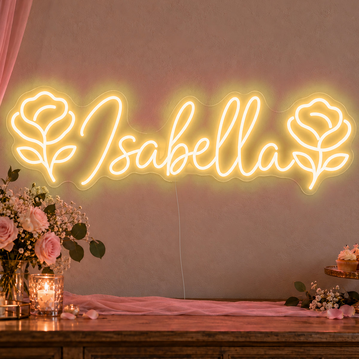 Personalised Name Roses Neon Sign in gold LED neon on clear acrylic, angled view