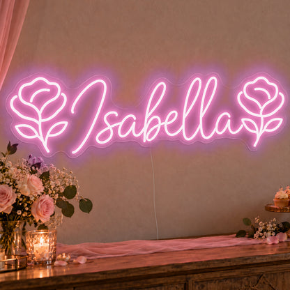 Personalised Name Roses Neon Sign in pink LED neon on clear acrylic, angled view