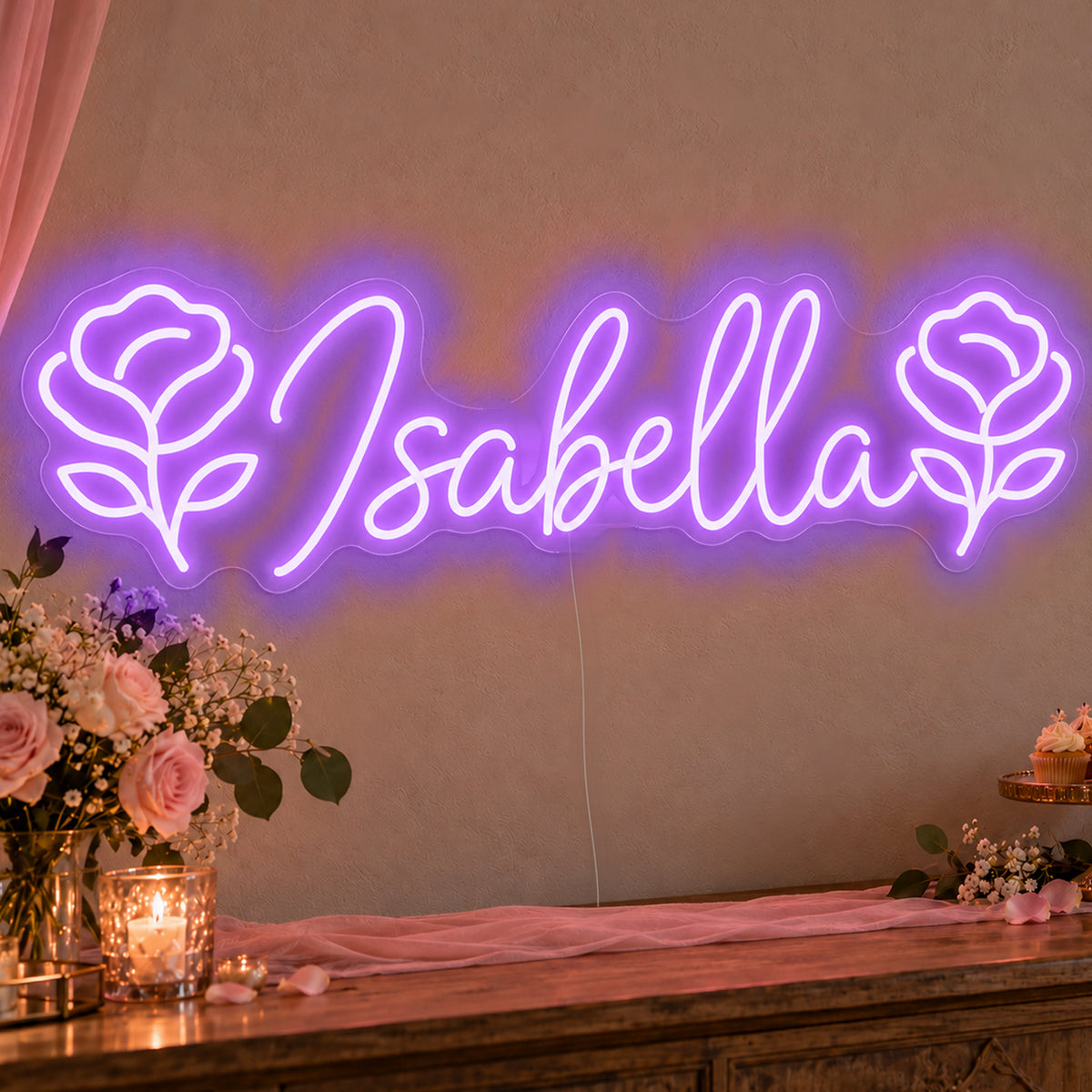 Personalised Name Roses Neon Sign in purple LED neon on clear acrylic, angled view