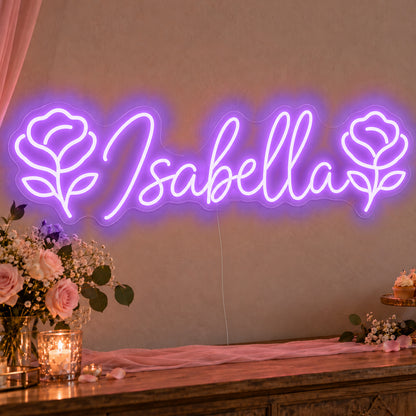 Personalised Name Roses Neon Sign in purple LED neon on clear acrylic, angled view