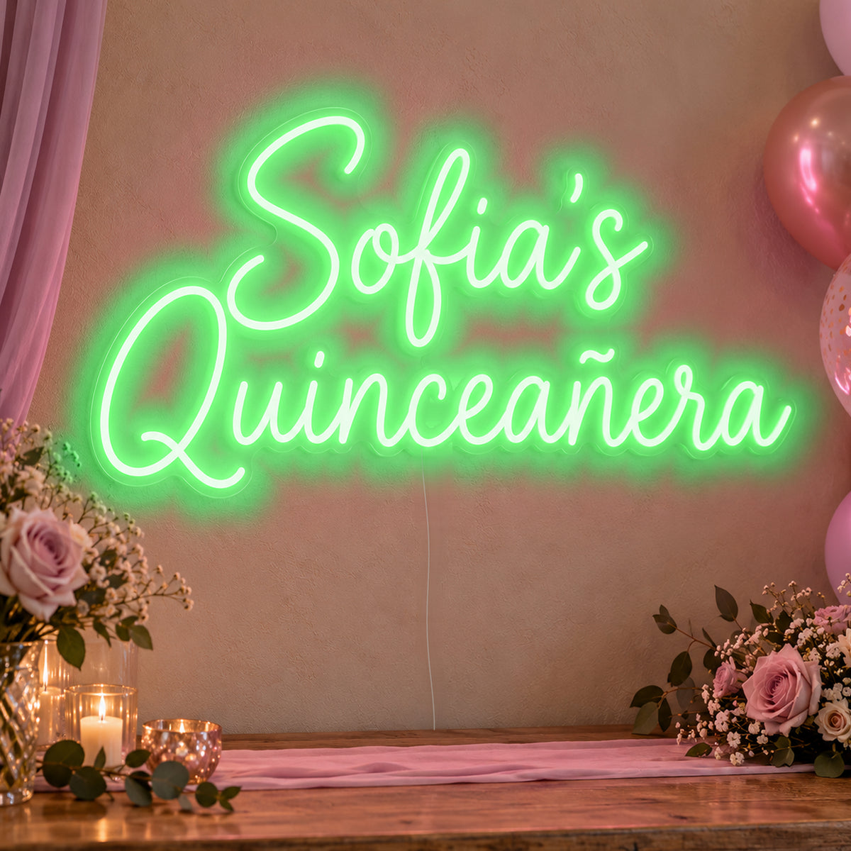 Personalised Quinceañera Neon Sign in green LED neon on clear acrylic, angled view