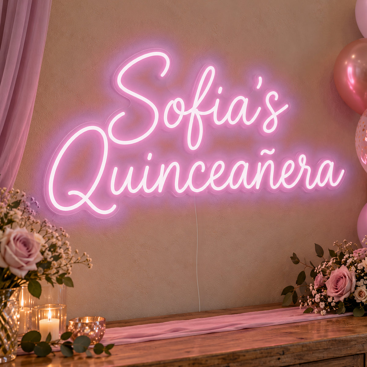 Personalised Quinceañera Neon Sign in pink LED neon on clear acrylic, angled view