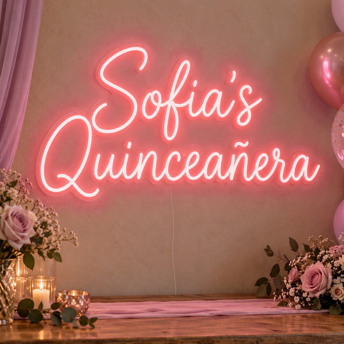 Personalised Quinceañera Neon Sign in red LED neon on clear acrylic, angled view