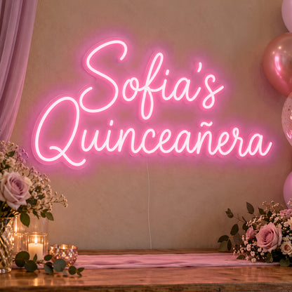 Personalised Quinceañera Neon Sign in rose red LED neon on clear acrylic, angled view