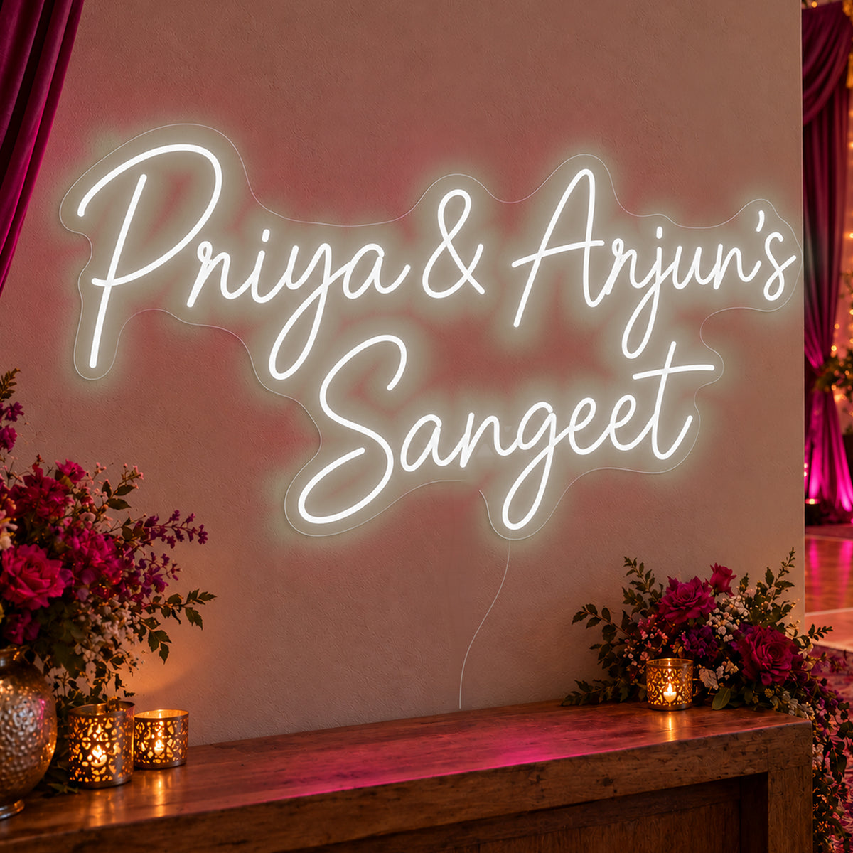Personalised Sangeet Neon Sign in white LED neon on clear acrylic, angled view