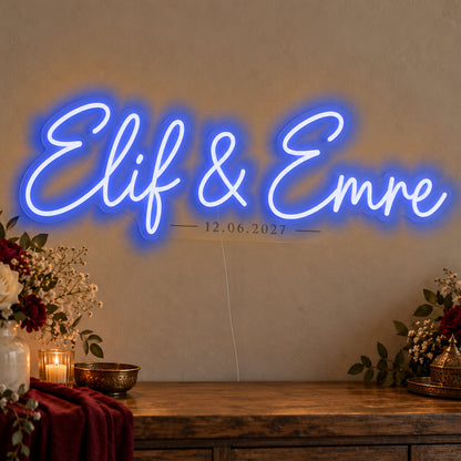 Personalised Turkish Names Date Neon Sign in blue LED neon on clear acrylic, angled view