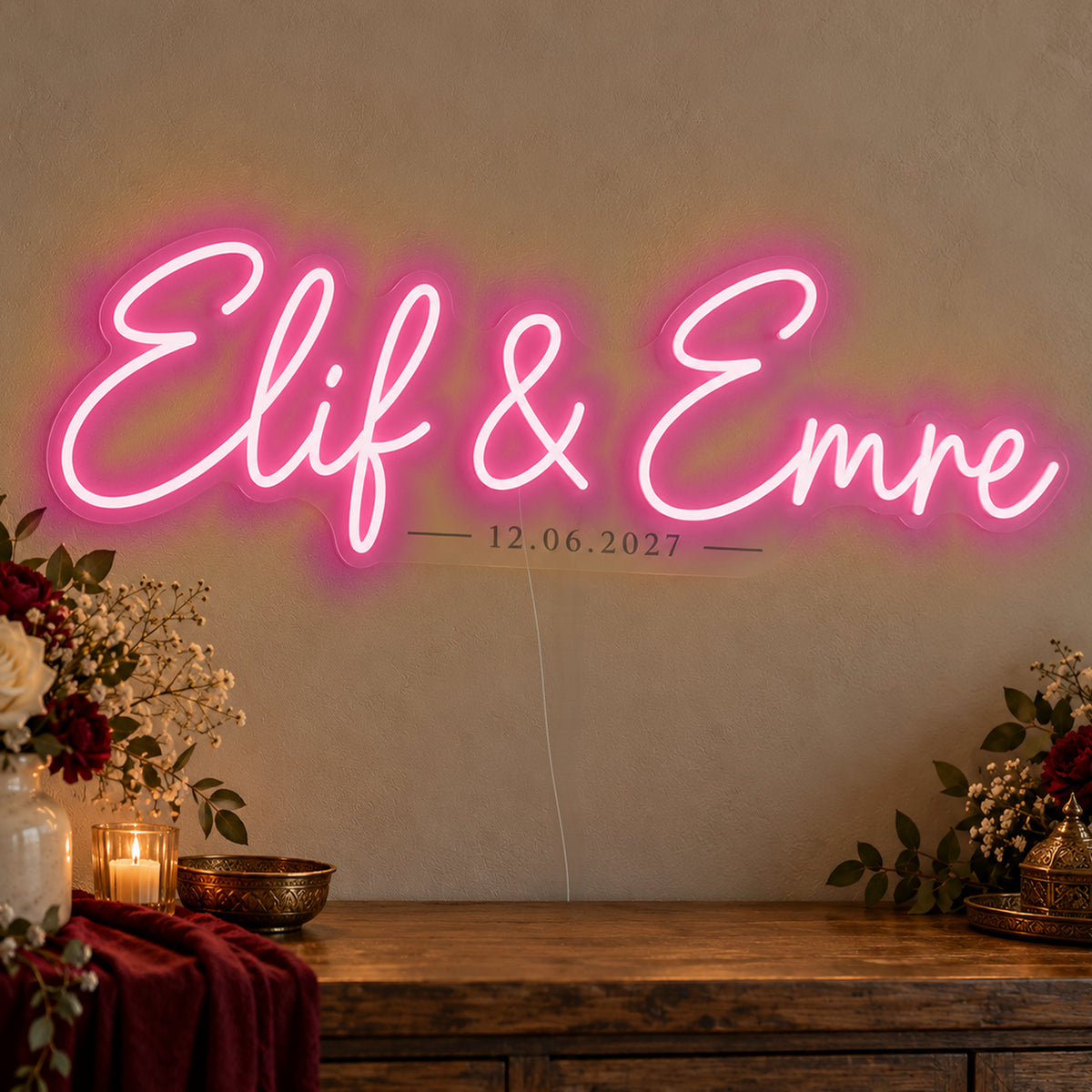 Personalised Turkish Names Date Neon Sign in rose red LED neon on clear acrylic, angled view