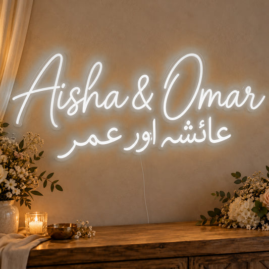 Personalised Two Script Names Neon Sign in white LED neon on clear acrylic, angled view