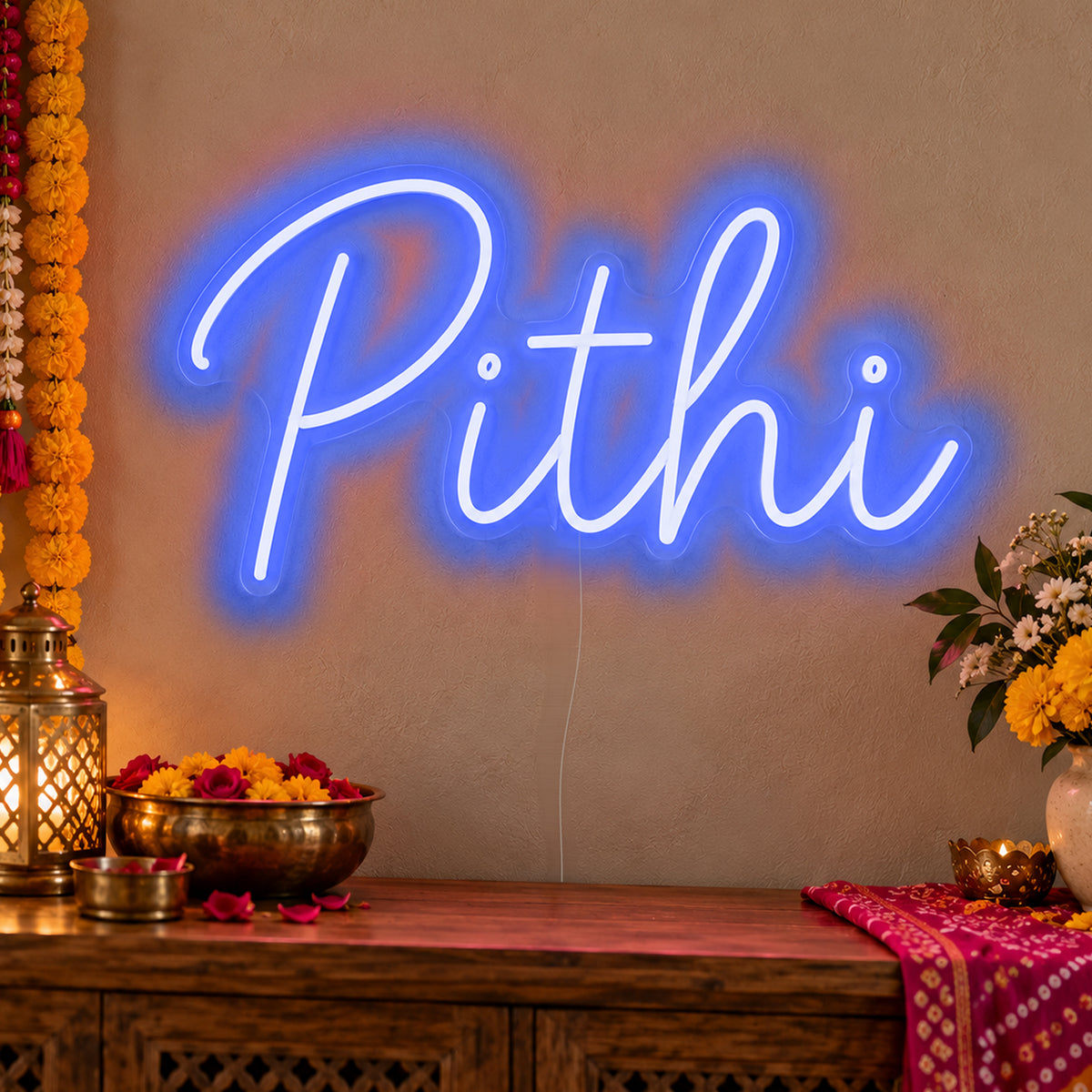 Pithi Neon Sign in blue LED neon on clear acrylic, angled view