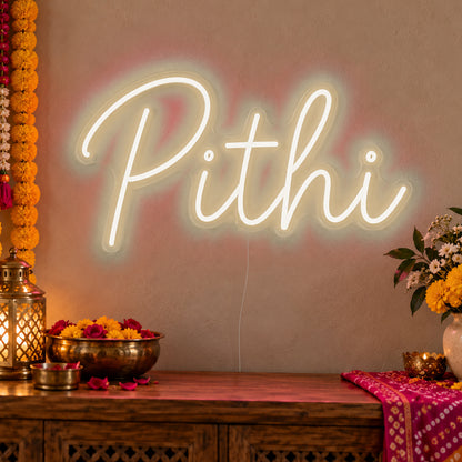 Pithi Neon Sign in warm white LED neon on clear acrylic, angled view