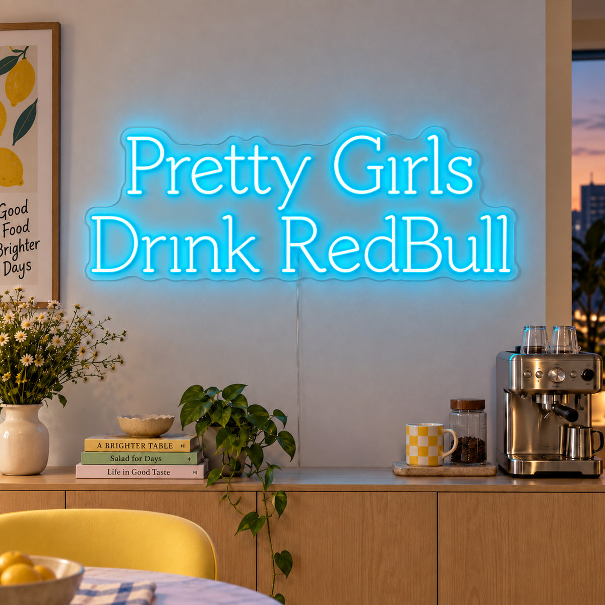 Ice Blue version of the Pretty Girls Drink RedBull Neon Sign, shown above a kitchen counter.