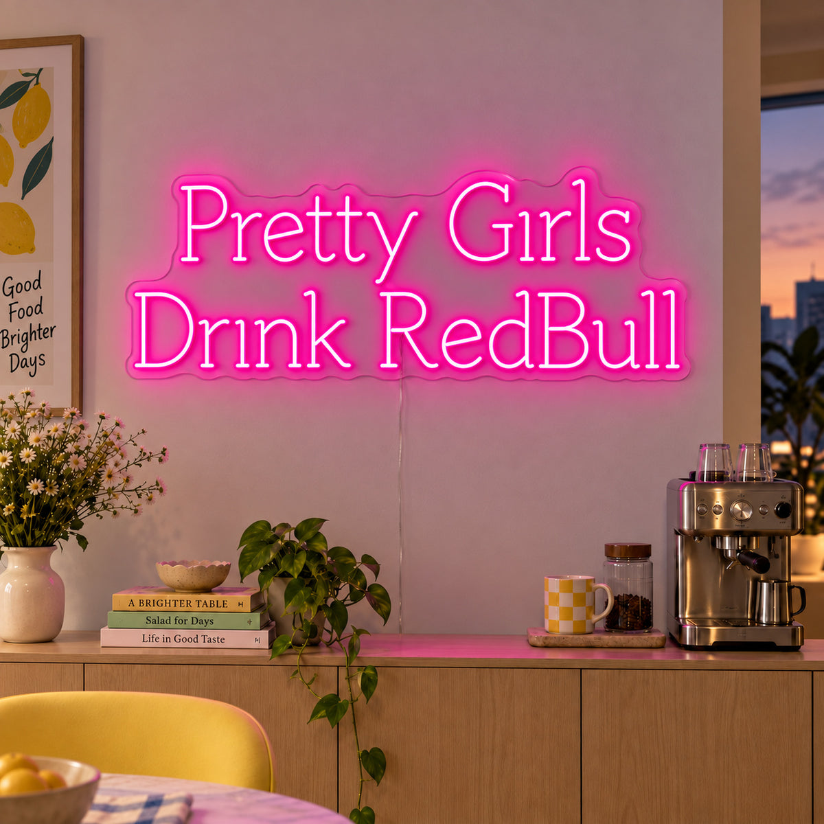 Rose Red version of the Pretty Girls Drink RedBull Neon Sign, shown above a kitchen counter.