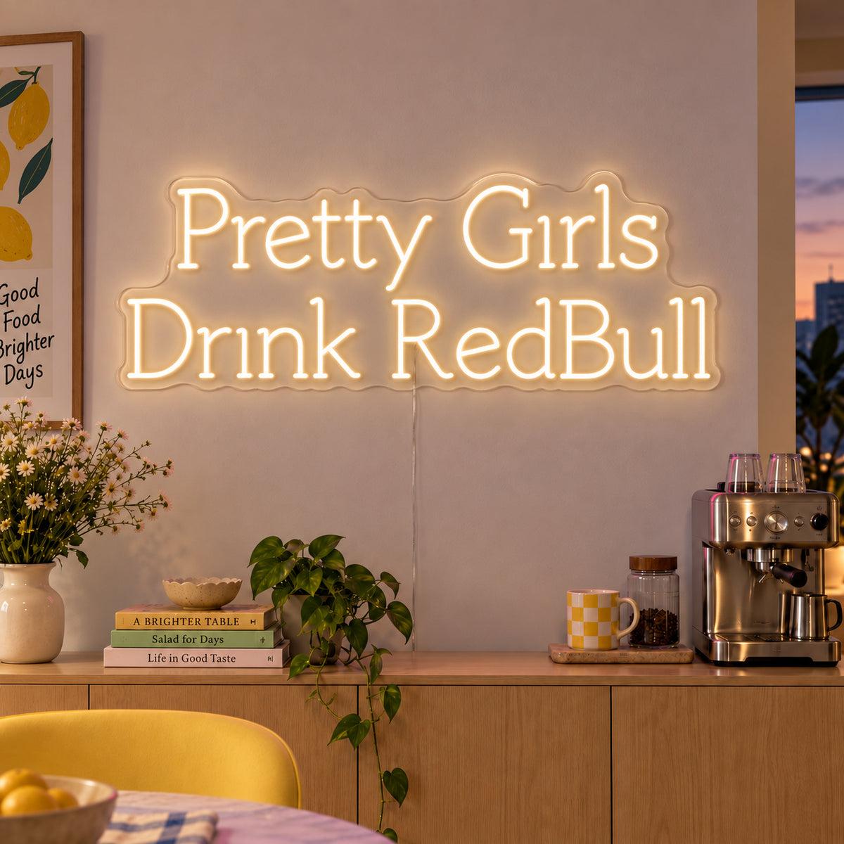 Warm White version of the Pretty Girls Drink RedBull Neon Sign, shown above a kitchen counter.
