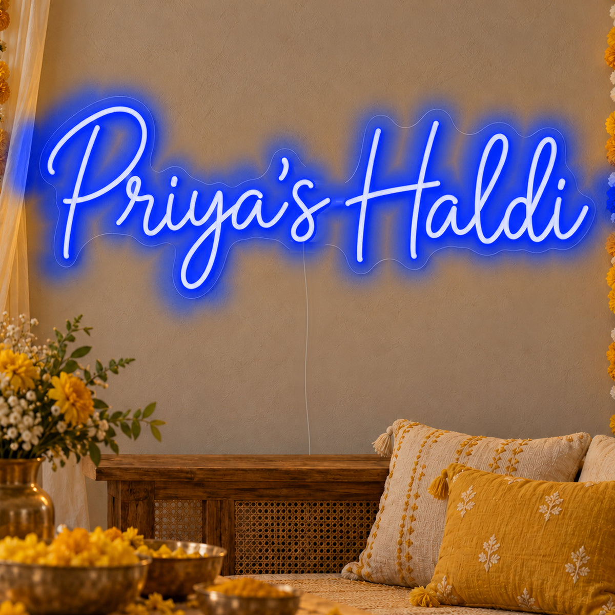 Personalised Haldi Neon Sign in blue LED neon on clear acrylic, angled view