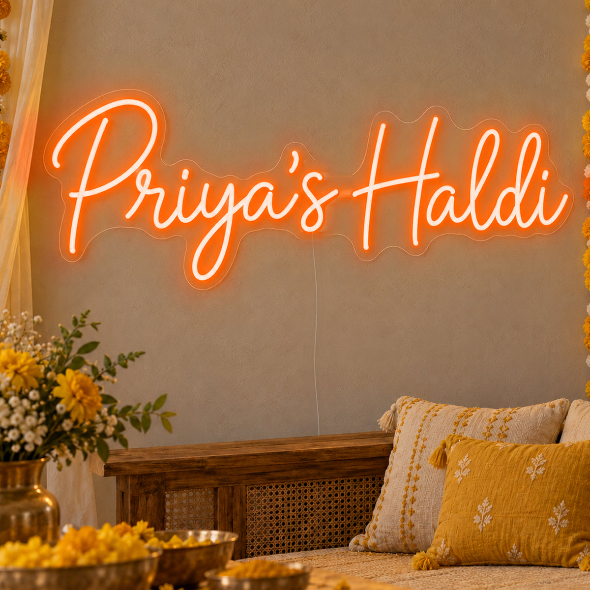 Personalised Haldi Neon Sign in orange LED neon on clear acrylic, angled view