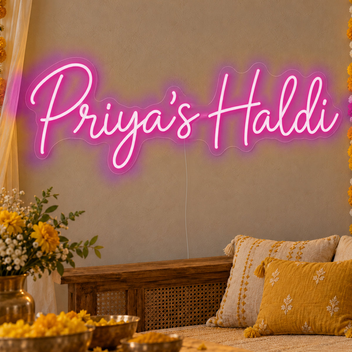 Personalised Haldi Neon Sign in pink LED neon on clear acrylic, angled view