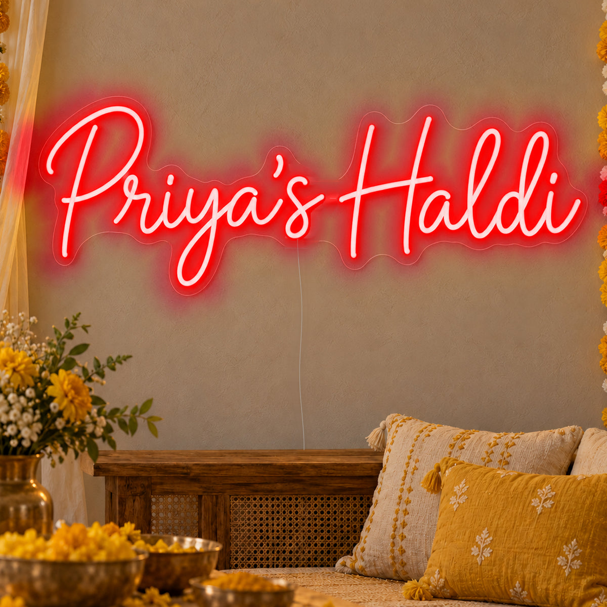 Personalised Haldi Neon Sign in red LED neon on clear acrylic, angled view