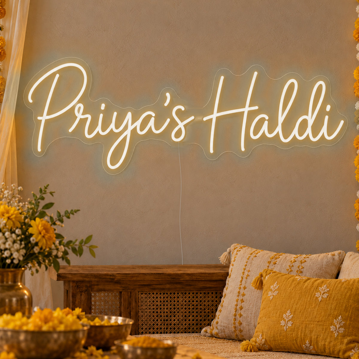Personalised Haldi Neon Sign in warm white LED neon on clear acrylic, angled view