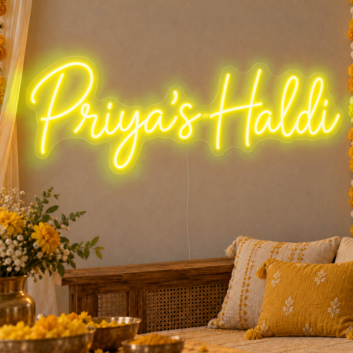 Personalised Haldi Neon Sign in yellow LED neon on clear acrylic, angled view