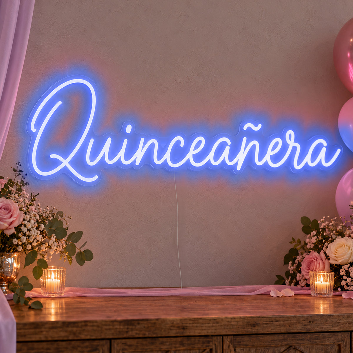 Quinceañera Neon Sign in blue LED neon on clear acrylic, angled view