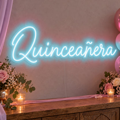 Quinceañera Neon Sign in ice blue LED neon on clear acrylic, angled view