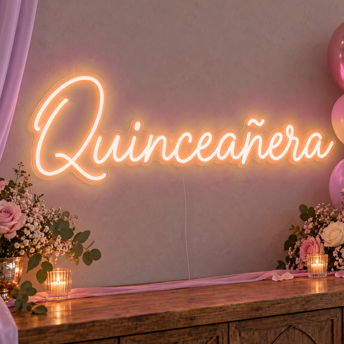 Quinceañera Neon Sign in orange LED neon on clear acrylic, angled view