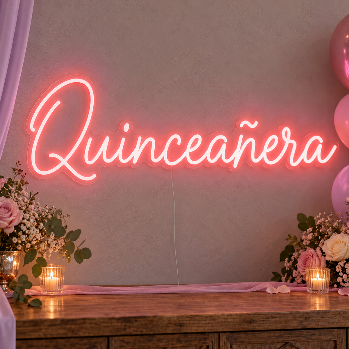 Quinceañera Neon Sign in red LED neon on clear acrylic, angled view