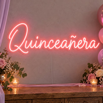 Quinceañera Neon Sign in red LED neon on clear acrylic, angled view