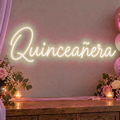 Quinceañera Neon Sign in warm white LED neon on clear acrylic, angled view