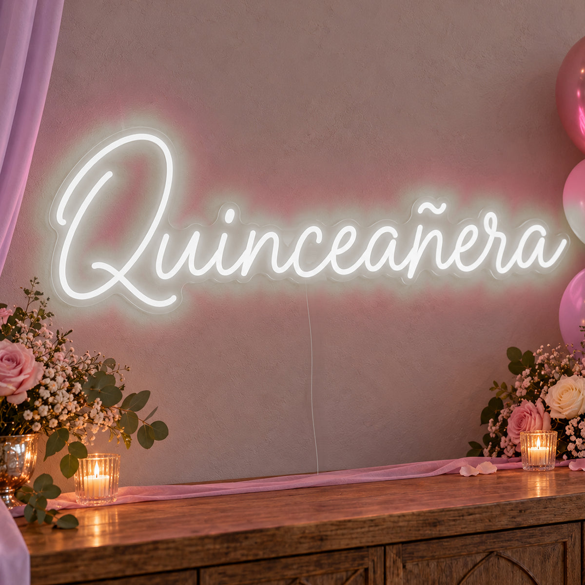 Quinceañera Neon Sign in white LED neon on clear acrylic, angled view