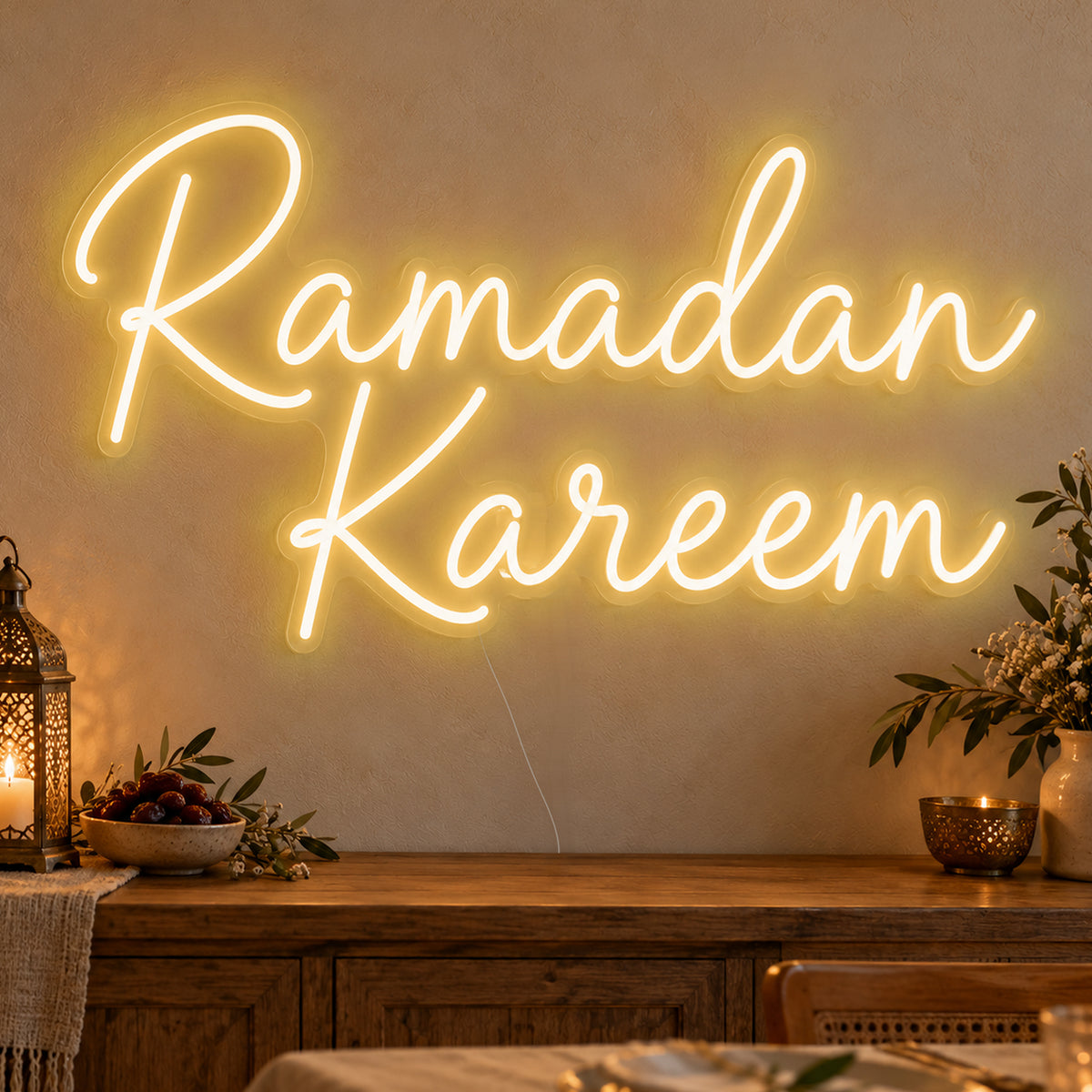 Ramadan Kareem Neon Sign in gold LED neon on clear acrylic, angled view