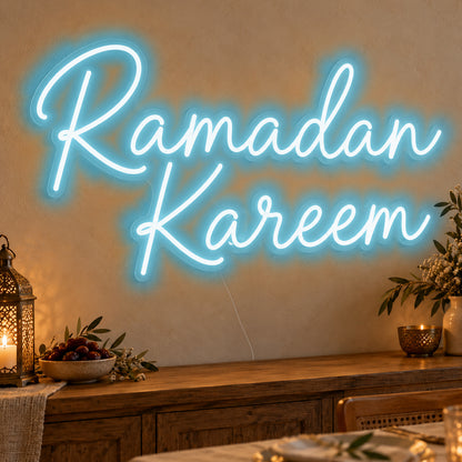 Ramadan Kareem Neon Sign in ice blue LED neon on clear acrylic, angled view